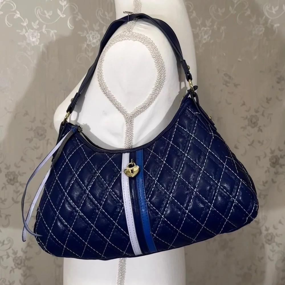 Victoria’s Secret Quilted Navy Blue Shoulder Bag w/ Heart Charm Y2K Vintage